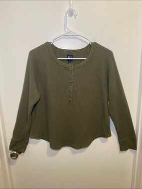 GAP Olive Green Waffle Henley Long Sleeve Top